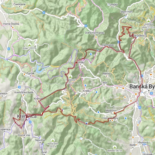Mapa miniatúra "Kremnica - Špania Dolina - Kalvaria" cyklistická inšpirácia v Stredné Slovensko, Slovakia. Vygenerované cyklistickým plánovačom trás Tarmacs.app