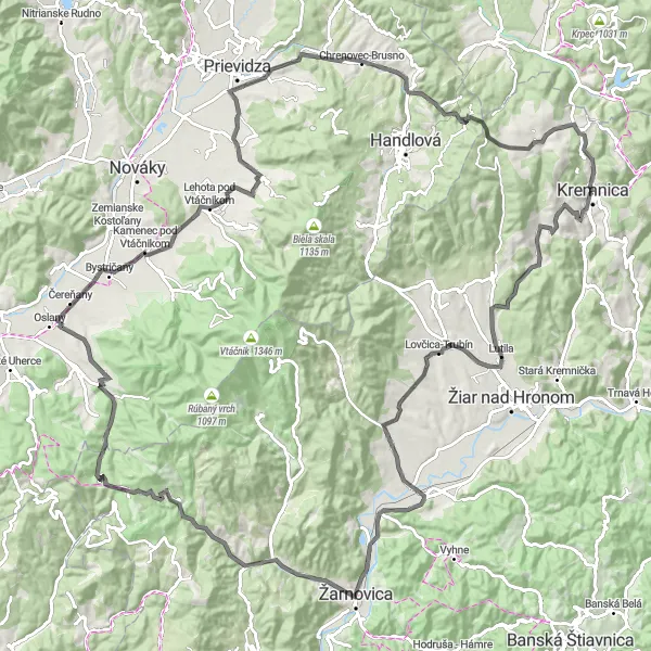 Map miniature of "Magical Road Cycling Journey" cycling inspiration in Stredné Slovensko, Slovakia. Generated by Tarmacs.app cycling route planner