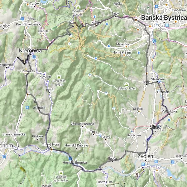Miniatura mapy "Trasa z Kremnicy do Zvolena" - trasy rowerowej w Stredné Slovensko, Slovakia. Wygenerowane przez planer tras rowerowych Tarmacs.app
