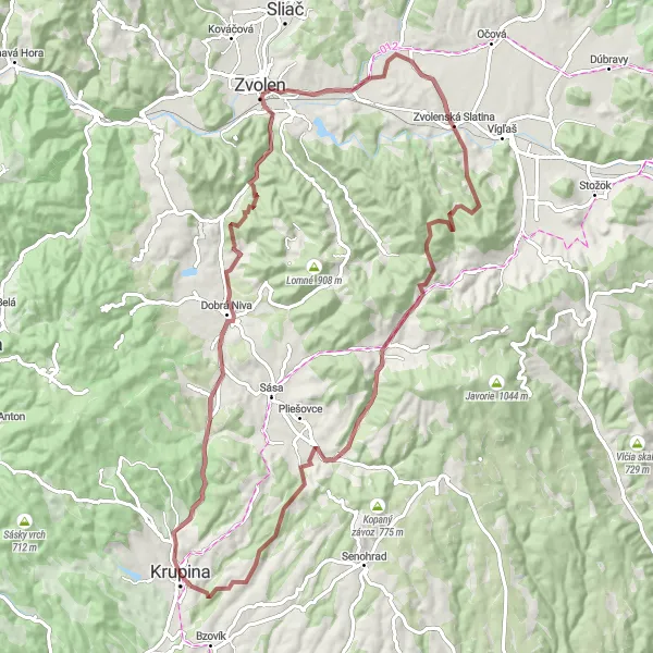 Map miniature of "Krupina, Kozí hrb, and Zvolen Circular Gravel Route" cycling inspiration in Stredné Slovensko, Slovakia. Generated by Tarmacs.app cycling route planner