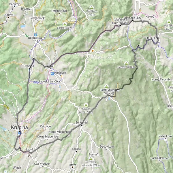 Miniaturní mapa "Cyklo dobrodružstvo v okolí Krupiny" inspirace pro cyklisty v oblasti Stredné Slovensko, Slovakia. Vytvořeno pomocí plánovače tras Tarmacs.app