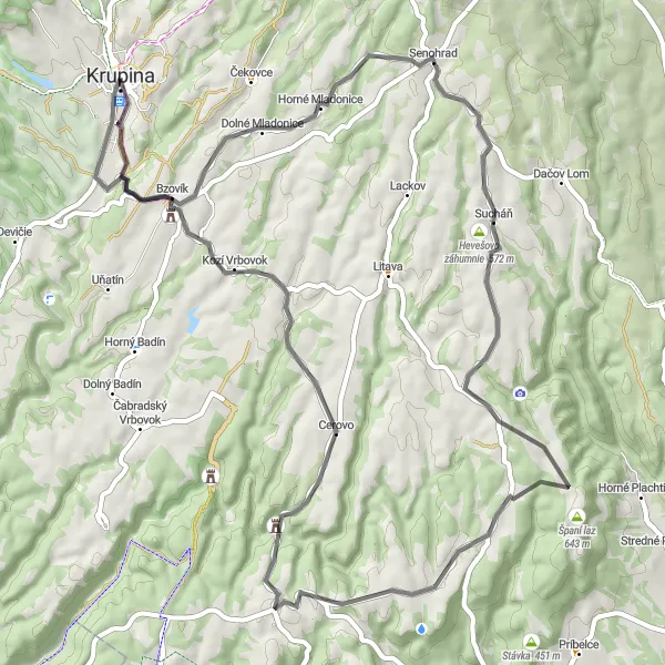 Map miniature of "Krupina and Španí laz Road Circuit" cycling inspiration in Stredné Slovensko, Slovakia. Generated by Tarmacs.app cycling route planner