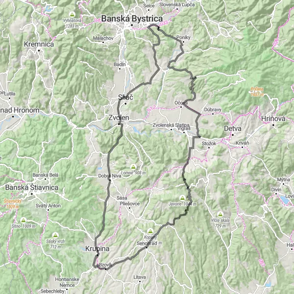 Map miniature of "Krupina to Očová Road Cycling Adventure" cycling inspiration in Stredné Slovensko, Slovakia. Generated by Tarmacs.app cycling route planner