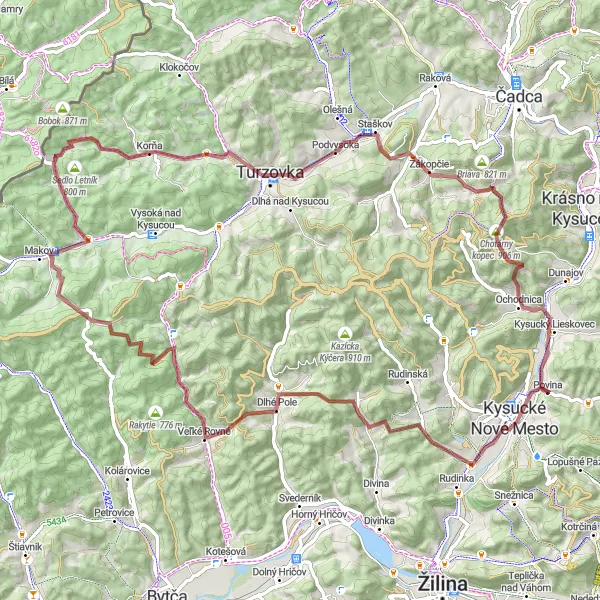 Map miniature of "Kysucké Nové Mesto Gravel Adventure" cycling inspiration in Stredné Slovensko, Slovakia. Generated by Tarmacs.app cycling route planner