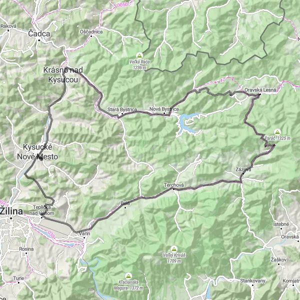Miniaturní mapa "Kruhová cyklotrasa u Kysucké Nové Mesto" inspirace pro cyklisty v oblasti Stredné Slovensko, Slovakia. Vytvořeno pomocí plánovače tras Tarmacs.app