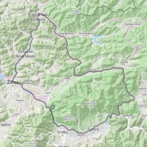 Map miniature of "Kysucké Nové Mesto - Sedlo Lutiška Loop" cycling inspiration in Stredné Slovensko, Slovakia. Generated by Tarmacs.app cycling route planner