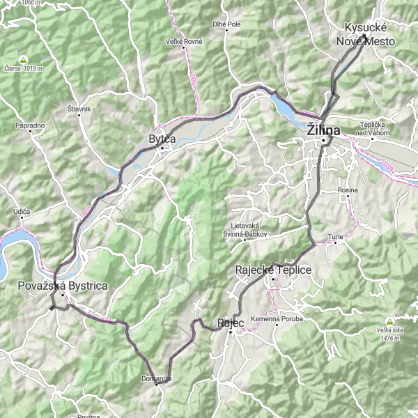 Map miniature of "Kysucké Nové Mesto - Rochovica Loop" cycling inspiration in Stredné Slovensko, Slovakia. Generated by Tarmacs.app cycling route planner