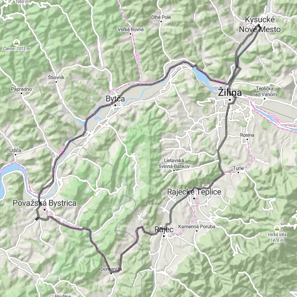 Mapa miniatúra "Okolo Kysuckého Nového Mesta" cyklistická inšpirácia v Stredné Slovensko, Slovakia. Vygenerované cyklistickým plánovačom trás Tarmacs.app