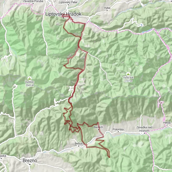 Map miniature of "Thrilling Gravel Challenge" cycling inspiration in Stredné Slovensko, Slovakia. Generated by Tarmacs.app cycling route planner