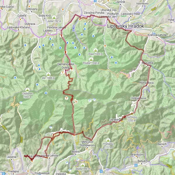 Map miniature of "The Ultimate Gravel Challenge" cycling inspiration in Stredné Slovensko, Slovakia. Generated by Tarmacs.app cycling route planner