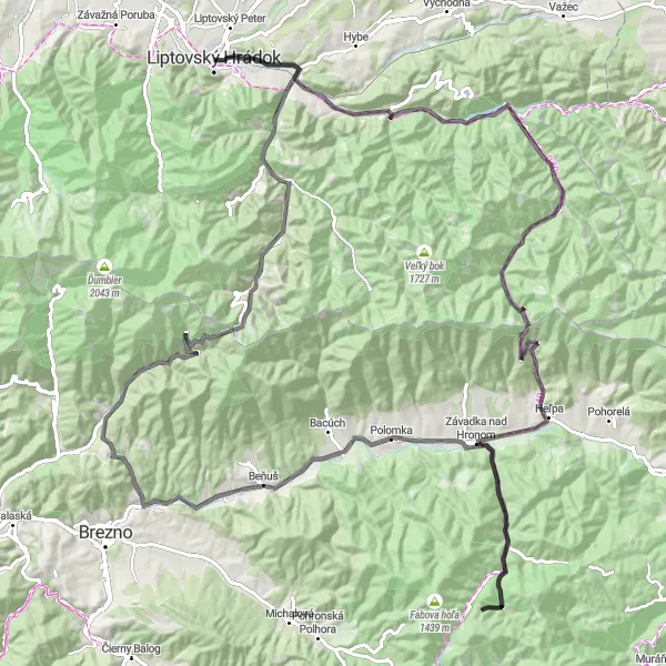 Map miniature of "The Great Mountains Challenge" cycling inspiration in Stredné Slovensko, Slovakia. Generated by Tarmacs.app cycling route planner