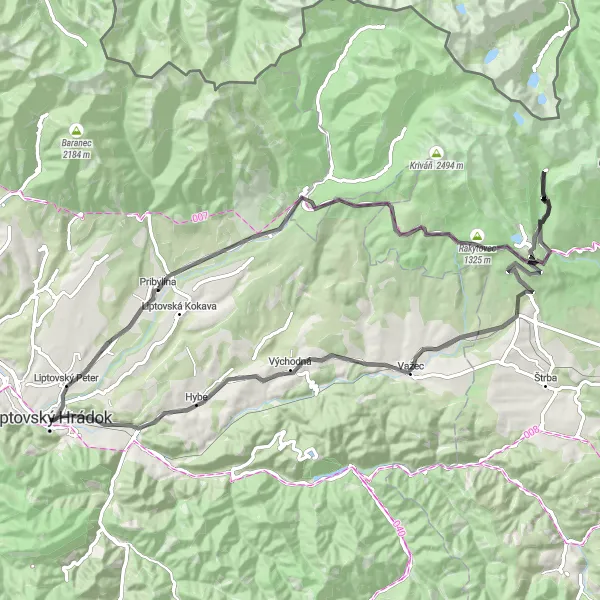 Mapa miniatúra "Mimo hlavnú cestu: Pekná zákutia Liptova" cyklistická inšpirácia v Stredné Slovensko, Slovakia. Vygenerované cyklistickým plánovačom trás Tarmacs.app