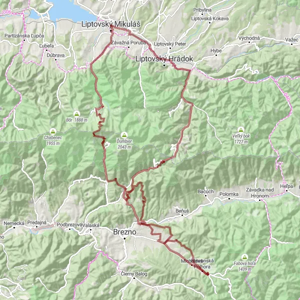 Mapa miniatúra "Gravel okolo Chopku" cyklistická inšpirácia v Stredné Slovensko, Slovakia. Vygenerované cyklistickým plánovačom trás Tarmacs.app