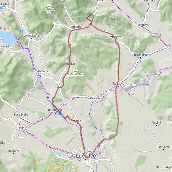 Map miniature of "Skalička - Kalinovo Gravel Route" cycling inspiration in Stredné Slovensko, Slovakia. Generated by Tarmacs.app cycling route planner