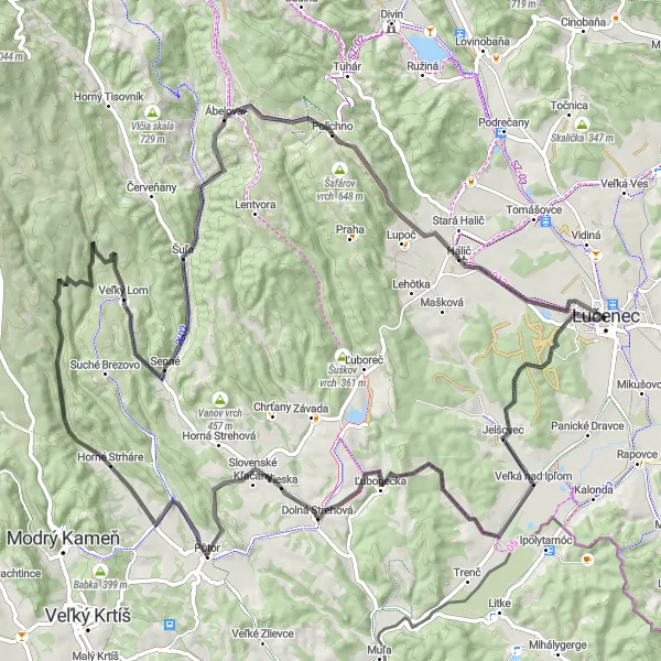 Miniaturní mapa "Okruh Lučenec - Veľká nad Ipľom" inspirace pro cyklisty v oblasti Stredné Slovensko, Slovakia. Vytvořeno pomocí plánovače tras Tarmacs.app