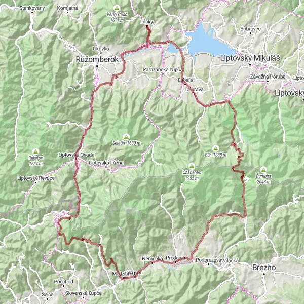 Map miniature of "Challenging Gravel Route: Drienok Circuit" cycling inspiration in Stredné Slovensko, Slovakia. Generated by Tarmacs.app cycling route planner