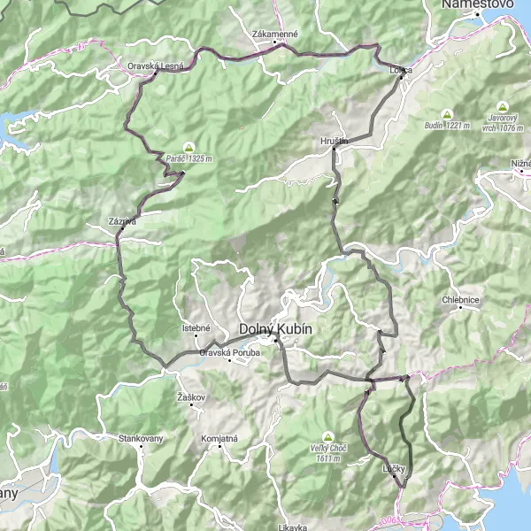 Map miniature of "Orava Highlands Adventure" cycling inspiration in Stredné Slovensko, Slovakia. Generated by Tarmacs.app cycling route planner