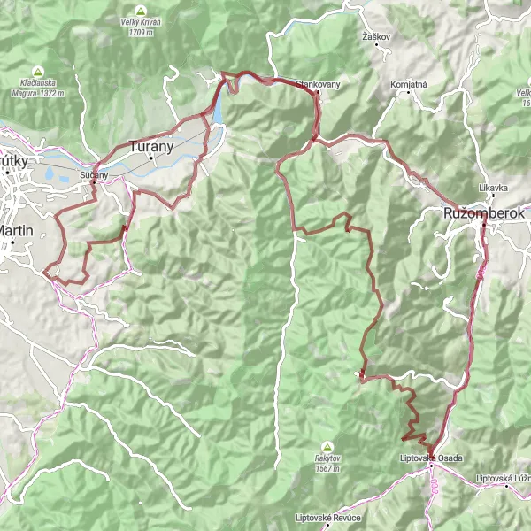 Map miniature of "Sučany Mountain Challenge" cycling inspiration in Stredné Slovensko, Slovakia. Generated by Tarmacs.app cycling route planner