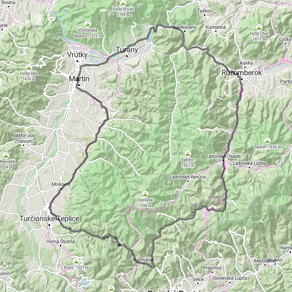 Miniaturní mapa "Cyklistická trasa Malá Fatra" inspirace pro cyklisty v oblasti Stredné Slovensko, Slovakia. Vytvořeno pomocí plánovače tras Tarmacs.app