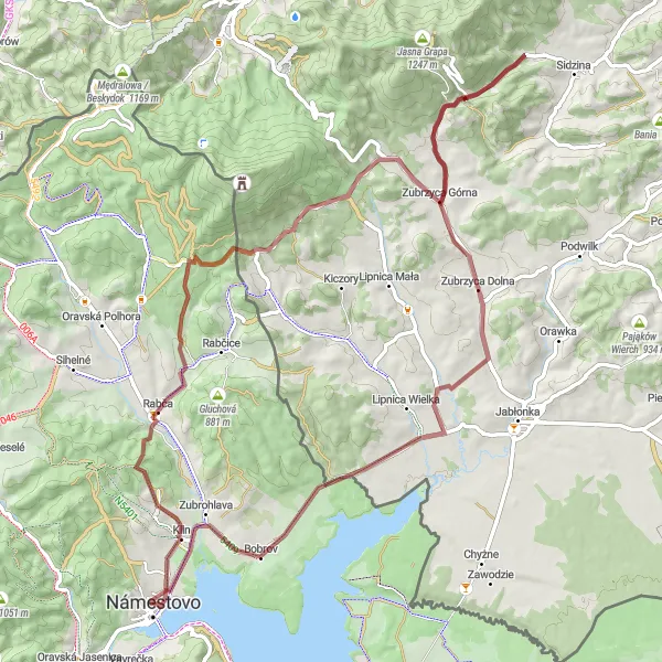 Map miniature of "Námestovo Gravel Adventure" cycling inspiration in Stredné Slovensko, Slovakia. Generated by Tarmacs.app cycling route planner