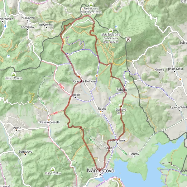 Map miniature of "Oravské gravelové dobrodružstvo" cycling inspiration in Stredné Slovensko, Slovakia. Generated by Tarmacs.app cycling route planner