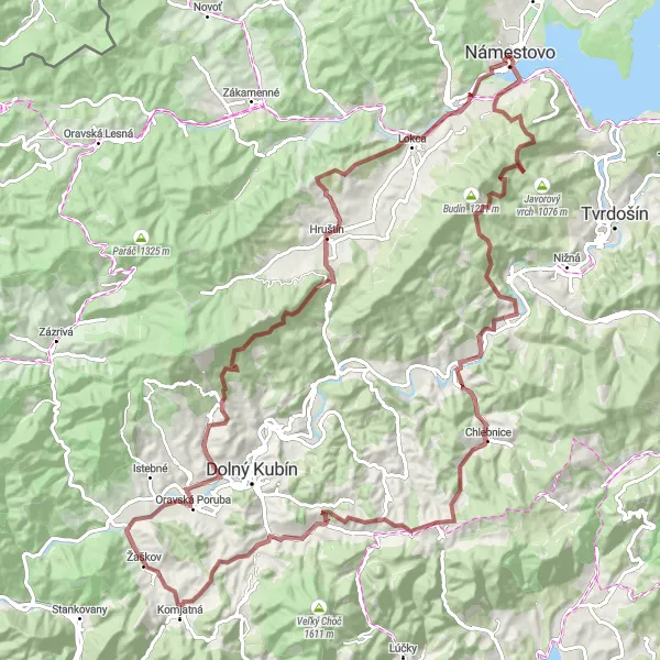 Map miniature of "Adventures on Gravel: The Orava Circuit" cycling inspiration in Stredné Slovensko, Slovakia. Generated by Tarmacs.app cycling route planner