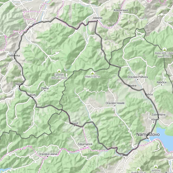 Map miniature of "Námestovo Challenge - Road" cycling inspiration in Stredné Slovensko, Slovakia. Generated by Tarmacs.app cycling route planner