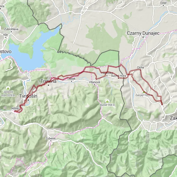 Mapa miniatúra "Gravelový výlet v okolí Tvrdošína" cyklistická inšpirácia v Stredné Slovensko, Slovakia. Vygenerované cyklistickým plánovačom trás Tarmacs.app