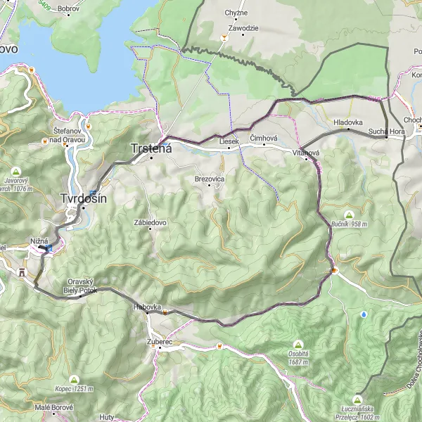 Map miniature of "Orava Beauty" cycling inspiration in Stredné Slovensko, Slovakia. Generated by Tarmacs.app cycling route planner
