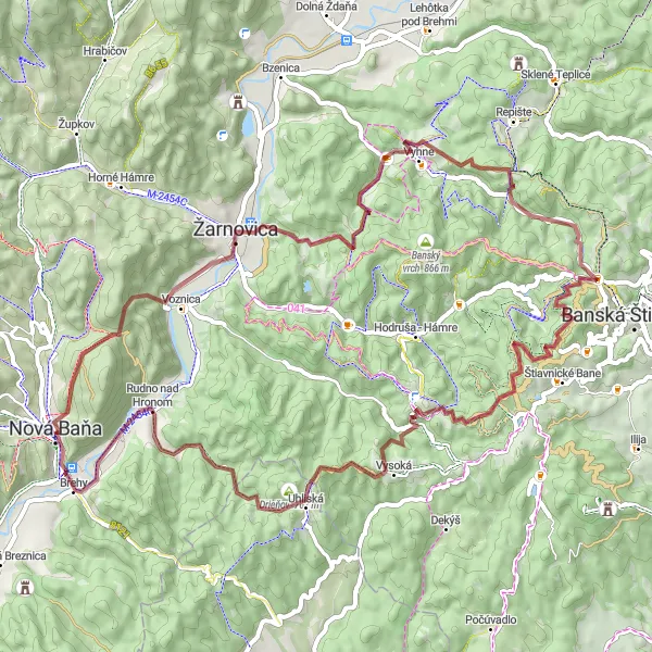 Map miniature of "Gravel Biking in Žarnovica region" cycling inspiration in Stredné Slovensko, Slovakia. Generated by Tarmacs.app cycling route planner