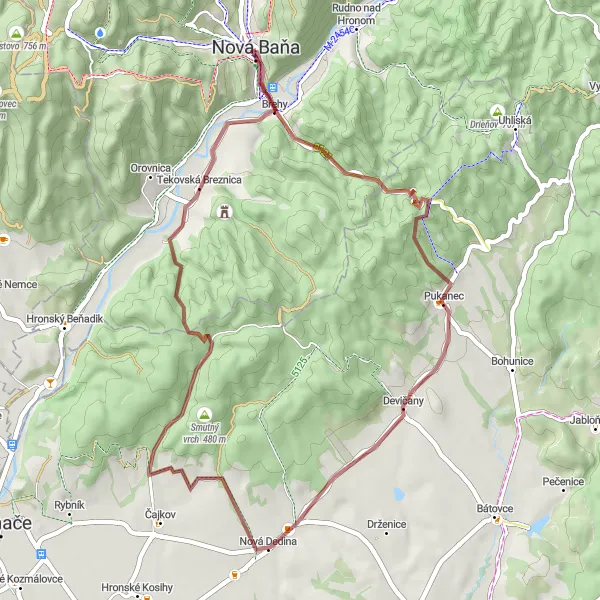 Mapa miniatúra "Gravel cyklotrasa cez Pukanec, Nová Dedina, Smutný vrch a Brehy" cyklistická inšpirácia v Stredné Slovensko, Slovakia. Vygenerované cyklistickým plánovačom trás Tarmacs.app