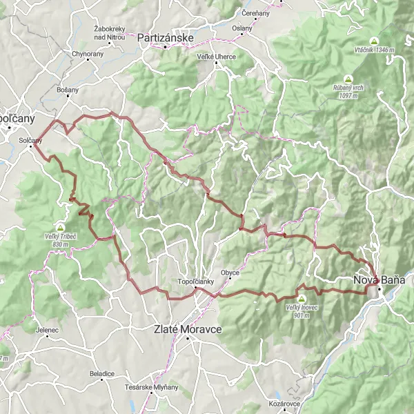 Map miniature of "Challenging Adventure in Nová Baňa's Mountains" cycling inspiration in Stredné Slovensko, Slovakia. Generated by Tarmacs.app cycling route planner