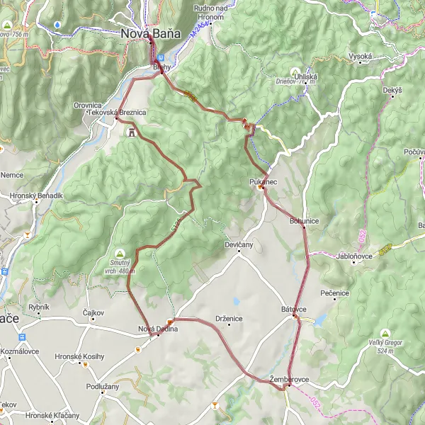 Map miniature of "Scenic Gravel ride through wine country" cycling inspiration in Stredné Slovensko, Slovakia. Generated by Tarmacs.app cycling route planner