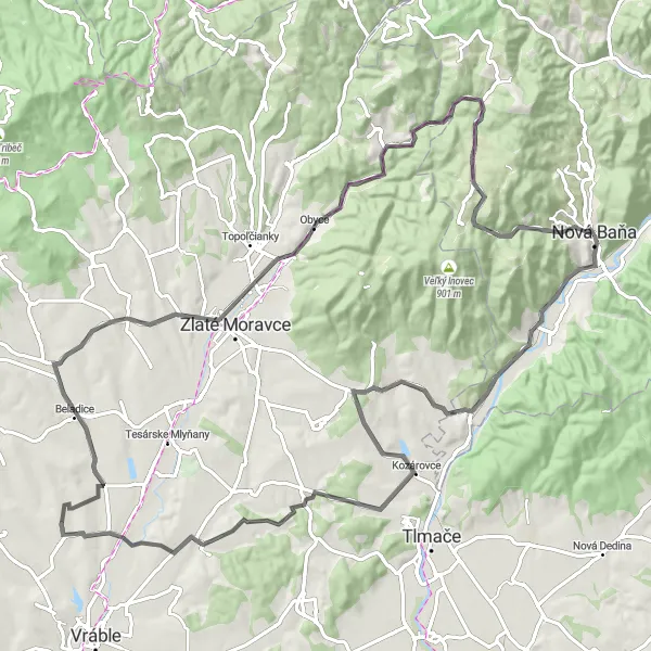 Map miniature of "Nová Ves nad Žitavou Loop" cycling inspiration in Stredné Slovensko, Slovakia. Generated by Tarmacs.app cycling route planner