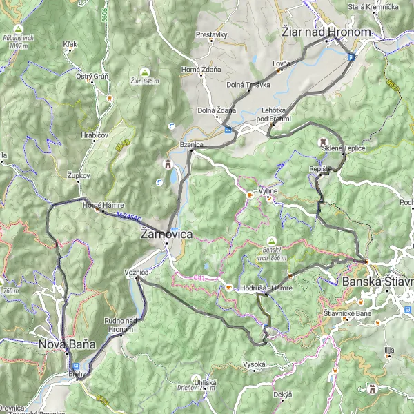 Mapa miniatúra "Náročná cyklotrasa cez Žarnovicu a Rudno nad Hronom" cyklistická inšpirácia v Stredné Slovensko, Slovakia. Vygenerované cyklistickým plánovačom trás Tarmacs.app