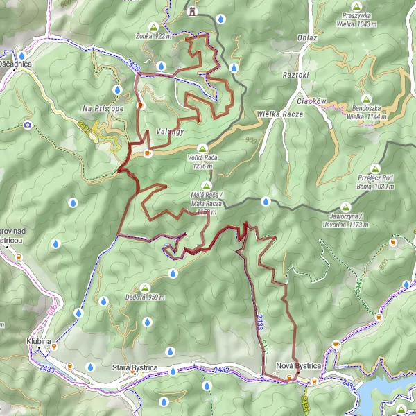 Map miniature of "Nová Bystrica Gravel Adventure" cycling inspiration in Stredné Slovensko, Slovakia. Generated by Tarmacs.app cycling route planner