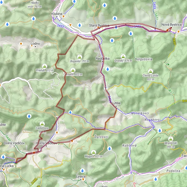 Miniaturní mapa "Gravelní trasa okolo Nové Bystrice" inspirace pro cyklisty v oblasti Stredné Slovensko, Slovakia. Vytvořeno pomocí plánovače tras Tarmacs.app