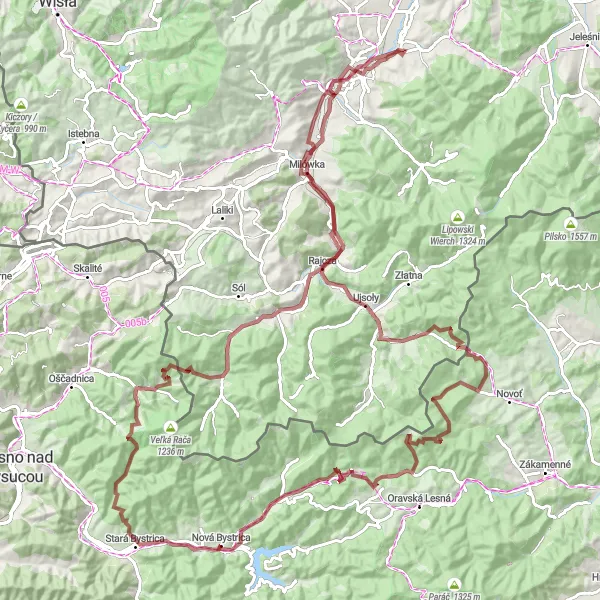 Mapa miniatúra "Gravelová výzva okolo Nové Bystrice" cyklistická inšpirácia v Stredné Slovensko, Slovakia. Vygenerované cyklistickým plánovačom trás Tarmacs.app