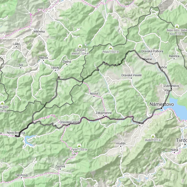 Miniaturní mapa "Orava cycling expedition" inspirace pro cyklisty v oblasti Stredné Slovensko, Slovakia. Vytvořeno pomocí plánovače tras Tarmacs.app