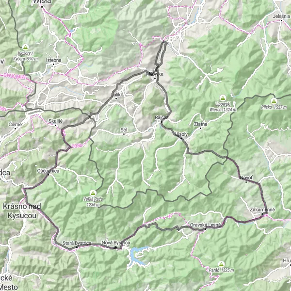 Miniaturní mapa "Kysucké Nové Mesto road challenge" inspirace pro cyklisty v oblasti Stredné Slovensko, Slovakia. Vytvořeno pomocí plánovače tras Tarmacs.app