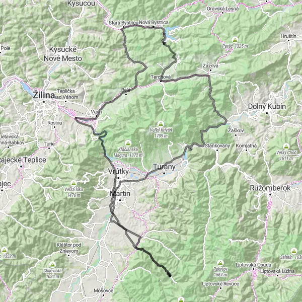 Mapa miniatúra "Cestná cyklotrasa cez Terchovú a Vrútky" cyklistická inšpirácia v Stredné Slovensko, Slovakia. Vygenerované cyklistickým plánovačom trás Tarmacs.app