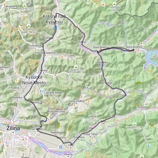 Map miniature of "Hills and Valleys" cycling inspiration in Stredné Slovensko, Slovakia. Generated by Tarmacs.app cycling route planner