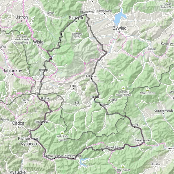 Mapa miniatúra "Cestná trasa cez nové horizonty" cyklistická inšpirácia v Stredné Slovensko, Slovakia. Vygenerované cyklistickým plánovačom trás Tarmacs.app