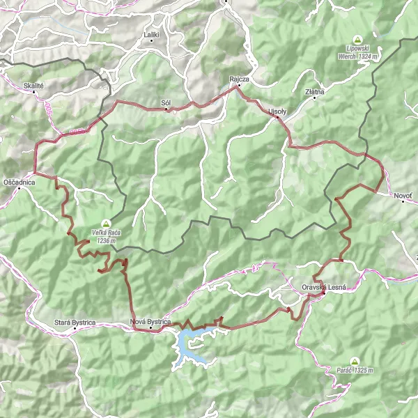 Miniaturní mapa "Náročná gravelová trasa kolem Nové Bystrice" inspirace pro cyklisty v oblasti Stredné Slovensko, Slovakia. Vytvořeno pomocí plánovače tras Tarmacs.app