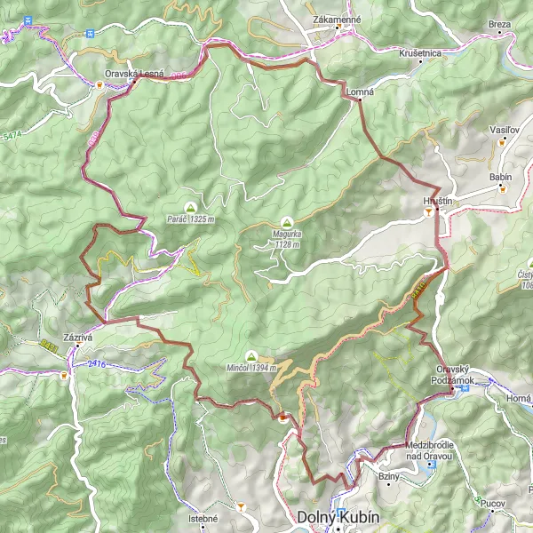 Miniaturní mapa "Gravelová cyklotrasa kolem Oravského Podzámku" inspirace pro cyklisty v oblasti Stredné Slovensko, Slovakia. Vytvořeno pomocí plánovače tras Tarmacs.app