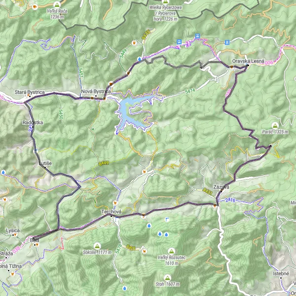 Map miniature of "The Road Less Traveled" cycling inspiration in Stredné Slovensko, Slovakia. Generated by Tarmacs.app cycling route planner