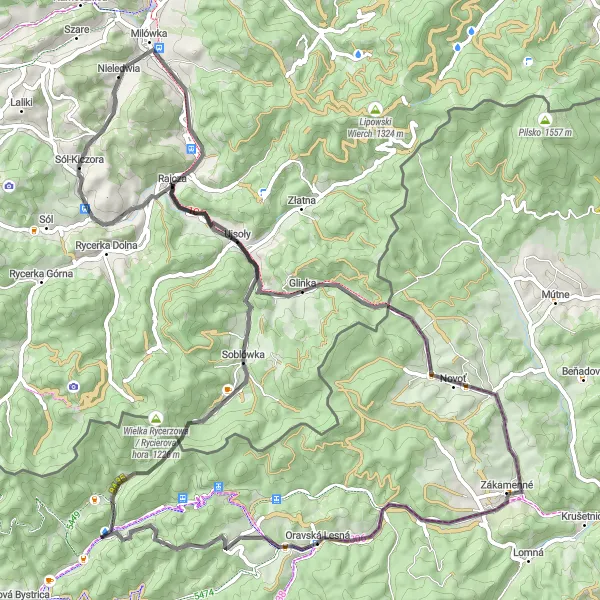 Map miniature of "Enchanting Trails of Oravská Lesná" cycling inspiration in Stredné Slovensko, Slovakia. Generated by Tarmacs.app cycling route planner