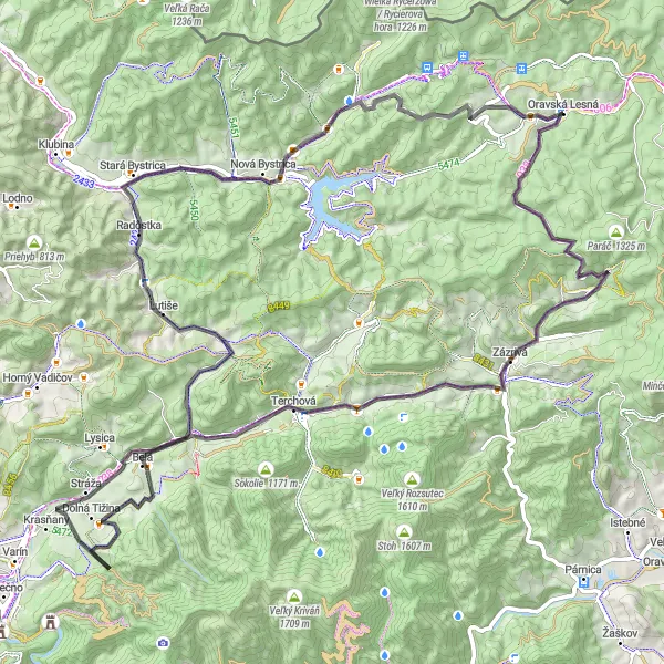 Map miniature of "Panoramic Journey through Oravská Lesná" cycling inspiration in Stredné Slovensko, Slovakia. Generated by Tarmacs.app cycling route planner