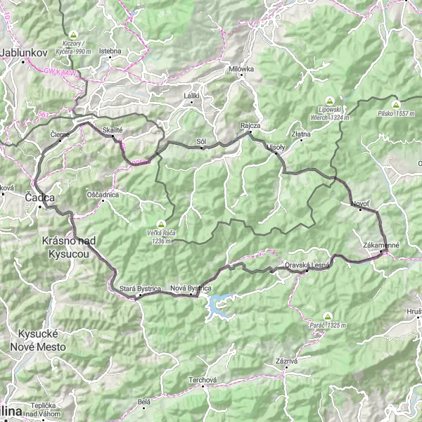 Map miniature of "Orava Countryside Tour" cycling inspiration in Stredné Slovensko, Slovakia. Generated by Tarmacs.app cycling route planner