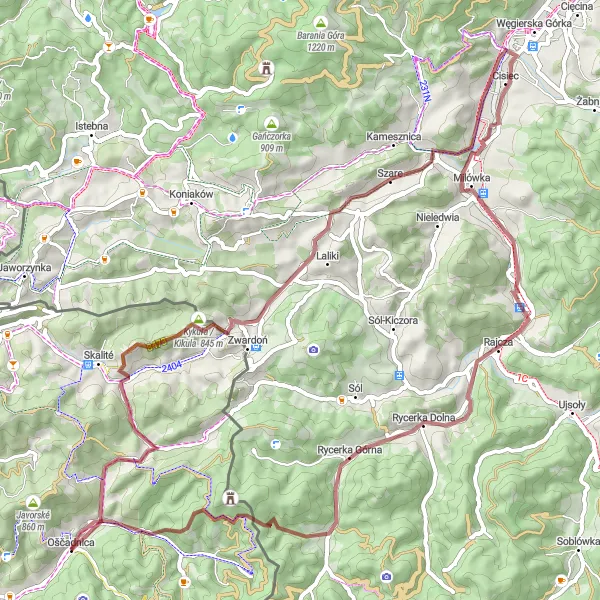 Miniaturní mapa "Gravelový výlet do okolí Oščadnice" inspirace pro cyklisty v oblasti Stredné Slovensko, Slovakia. Vytvořeno pomocí plánovače tras Tarmacs.app